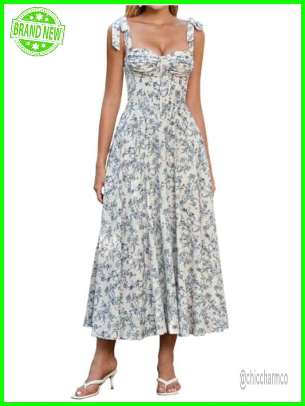 Floral Corset Midi Dress with Bow Straps Sweetheart Neckline